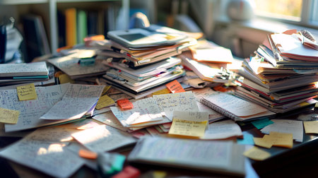 Pile of old books and papers on the table in the libraryの素材