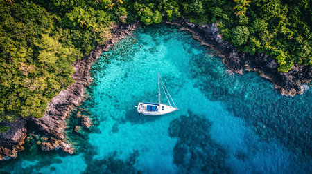 Aerial view of beautiful tropical island with white sandy beach and yachtの素材