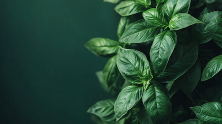 Fresh basil leaves on dark green background, top view, copy spaceの素材