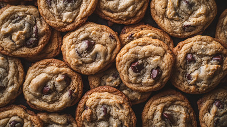 Chocolate chip cookies with cranberries on wooden background. Top view.の素材
