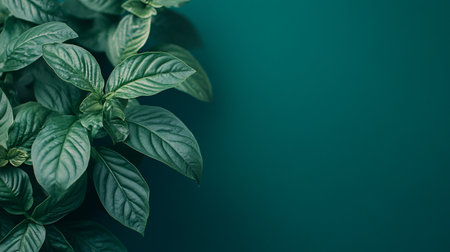 Top view of fresh basil leaves on green background with copy space.の素材