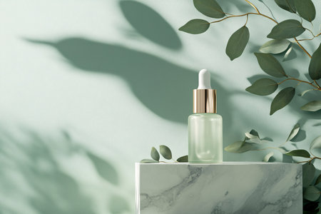 Cosmetic bottle with pipette on white marble pedestal with eucalyptus leaves on mint background.の素材