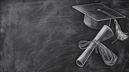 Chalkboard background with mortarboard and graduation cap. Education conceptの素材
