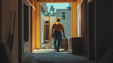 Back view of a worker with a screwdriver in his hand and a tool belt in his hand.の素材