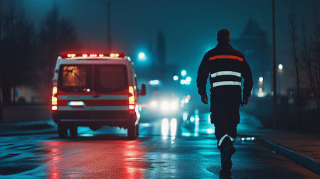 Police officer walking towards ambulance car on the road at night, back viewの素材