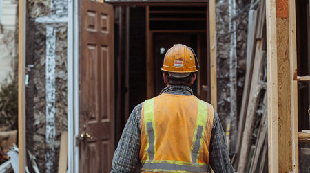 Rear view of a construction worker standing in front of a construction siteの素材