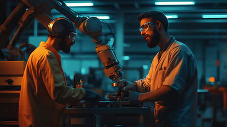 Smart factory. Smart factory workers using robots while working in the factoryの素材