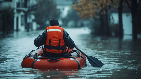 Rear view of a man in a life jacket and a life jacket on an inflatable boat in a floodの素材