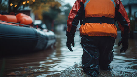Rear view of man in rubber boots and orange jacket standing in floodの素材