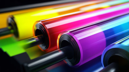 Colorful rolls of paper on a black background. 3d renderingの素材