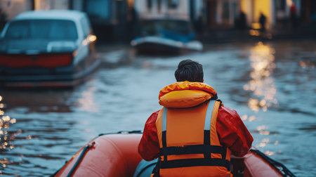 A man in a life jacket stands on a boat and looks at the city.の素材