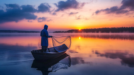 Fisherman in a boat on the lake at sunrise. Beautiful landscapeの素材