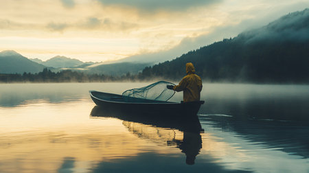 Fisherman in a boat on a lake in the morning.の素材