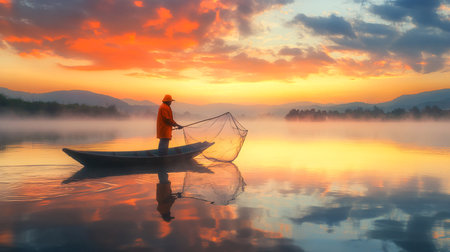Fisherman on boat with fishing net on the lake at sunriseの素材