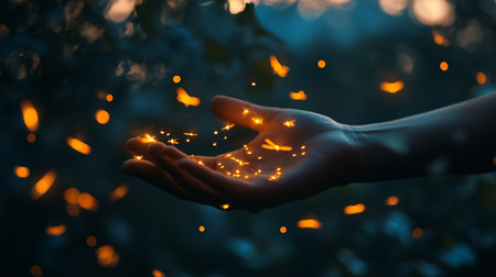 Female hand with glowing sparkle bokeh lights in nature.の素材