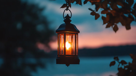 Lantern on the background of the lake at sunset. Vintage style.の素材