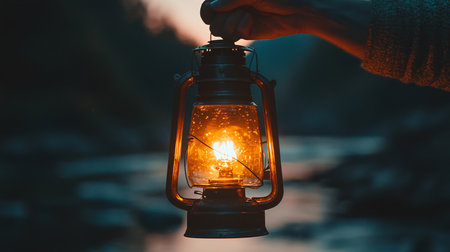 Lantern in the hands of a girl on the background of natureの素材