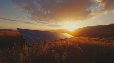 Photovoltaic panels for renewable electric energy production at sunset.の素材