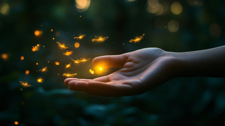 Hand of man holding a glowing flower with bokeh background.の素材