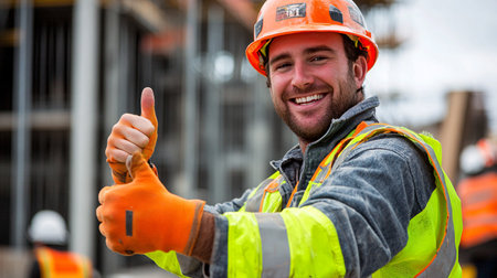 Portrait of happy male construction worker showing thumbs up at construction siteの素材