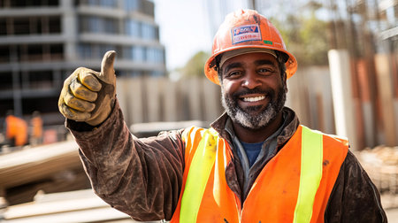 Portrait of happy african american construction worker showing thumbs upの素材