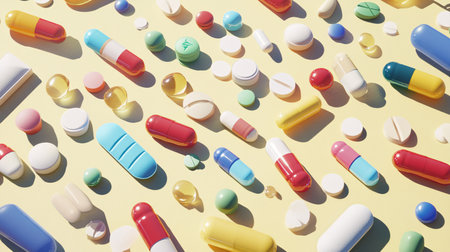 Assorted pharmaceutical medicine pills, tablets and capsules on dark background.の素材