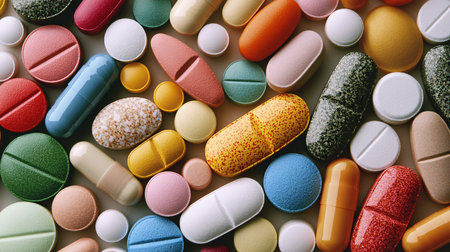 Colorful pills and capsules on white background. 3D illustration.の素材