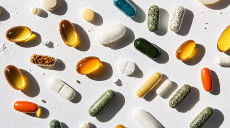Colorful pills on white background. Top view. Flat lay.の素材