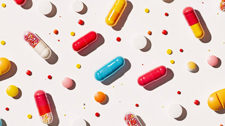 Seamless pattern with colorful pills and capsules on a white backgroundの素材