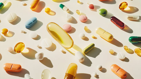 Colorful pills and capsules on white background. Flat lay, top viewの素材