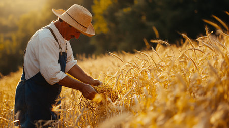Farmer working in wheat field at sunset. Agriculture and harvest conceptの素材