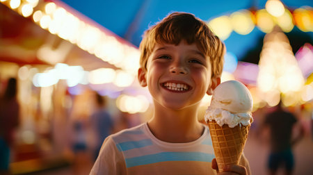 Cute little boy eating ice cream at amusement park on summer dayの素材