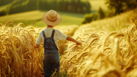 Rear view of child in straw hat standing in wheat field.の素材