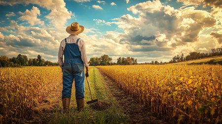 Farmer with a shovel in his hand on the background of a wheat fieldの素材