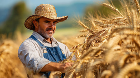 Portrait of senior farmer standing in wheat field, looking at cropの素材