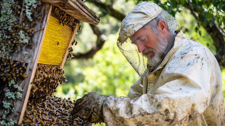 Beekeeper working in his apiary on a sunny day in the countrysideの素材