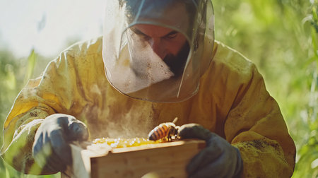 Beekeeper in protective suit working with beeswax in apiaryの素材