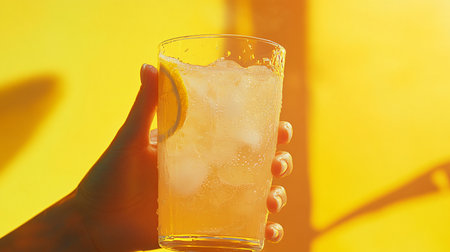 Female hand holding a glass of lemonade with ice on yellow backgroundの素材