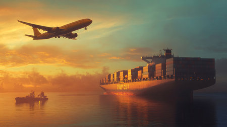 Container Cargo freight ship with working crane bridge at sunset for Logistic Import Export backgroundの素材