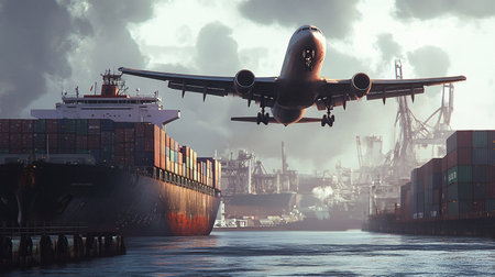 Airliner and cargo ship in port at sunset. 3D renderingの素材