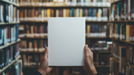 Female hands holding a book in the library, education and learning conceptの素材