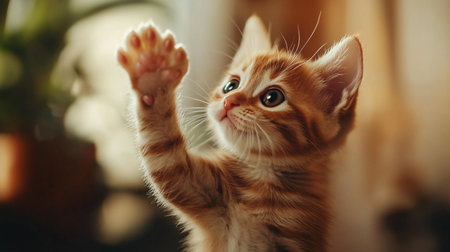Cute ginger kitten playing with his paw up in the sunlight.の素材