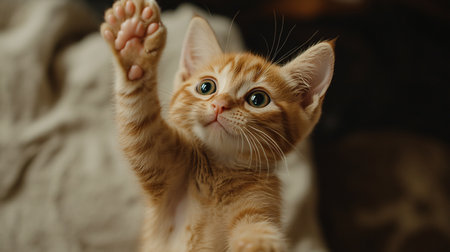 Cute little ginger kitten with raised paw, closeup. Adorable petの素材