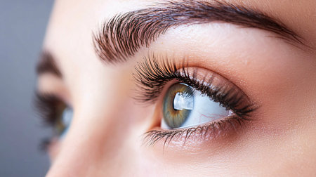 Close up of beautiful woman's eye with long false eyelashes. Eyelash extension procedure.の素材