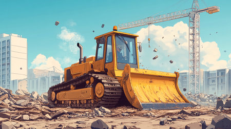 Big bulldozer on the construction site. 3d render illustration.の素材
