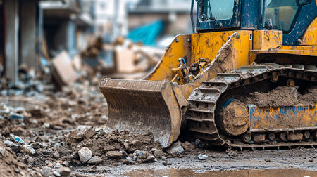 Close-up of a bulldozer working on a construction site.の素材