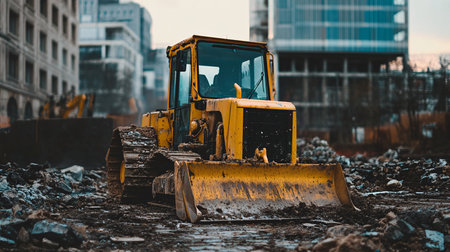 Yellow bulldozer on the background of the construction of a multi-storey buildingの素材