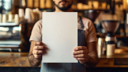 Cropped image of male barista holding blank paper sheet in cafeの素材