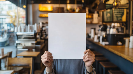 Man holding a blank sheet of paper in a cafe. Mock upの素材