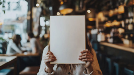 Young woman holding blank white sheet of paper in cafe. Mockup.の素材